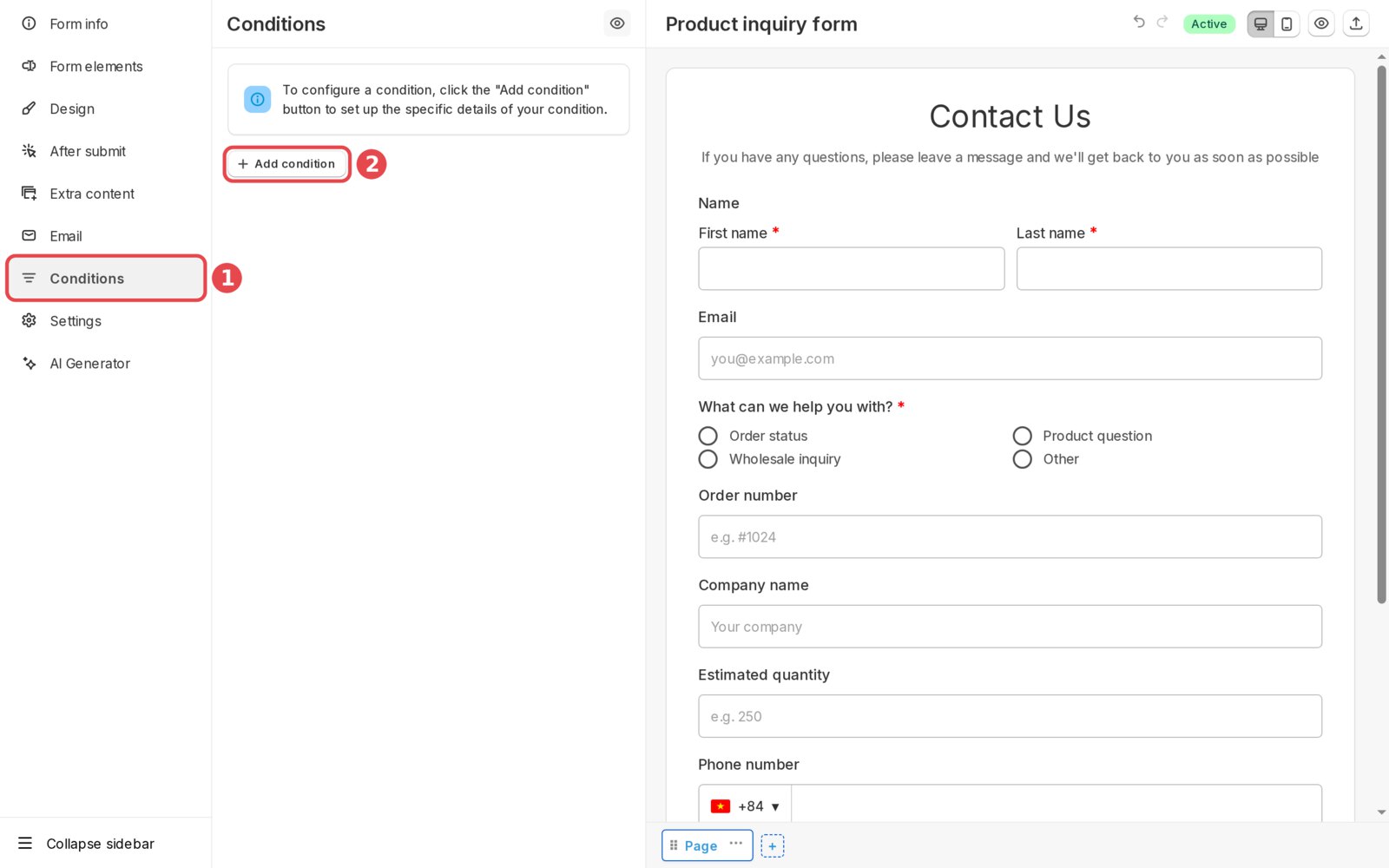 Open the Conditions panel in the Viformy form builder