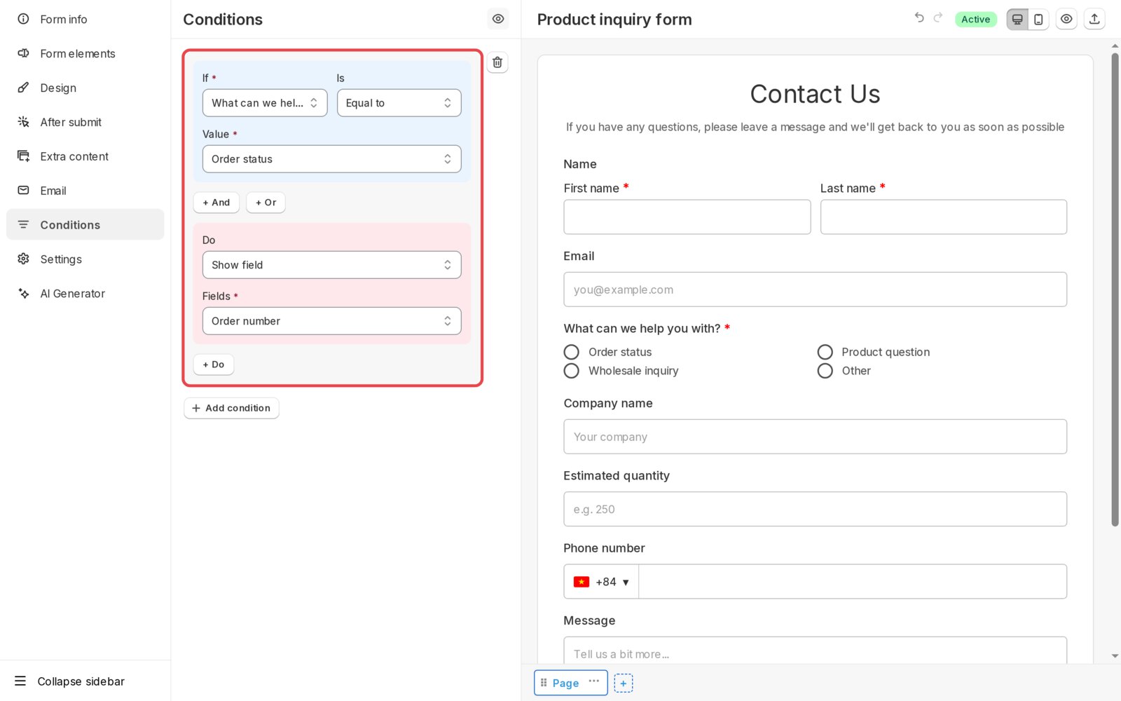 Rule that shows the Order number field when Order status is selected