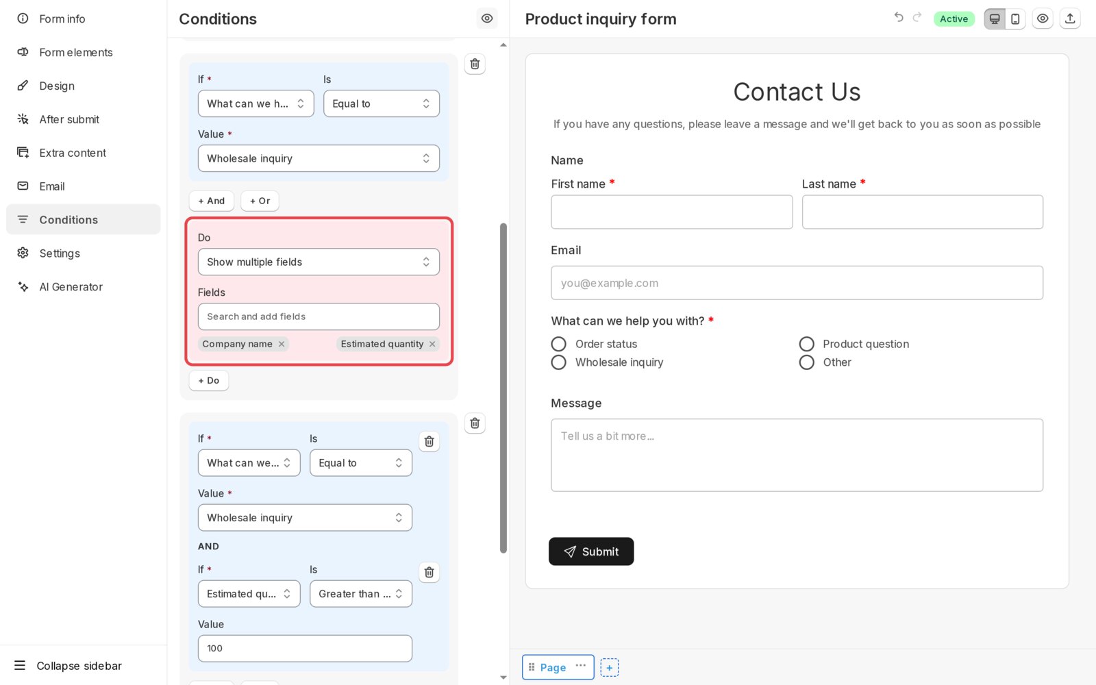Show multiple fields action with Company name and Estimated quantity