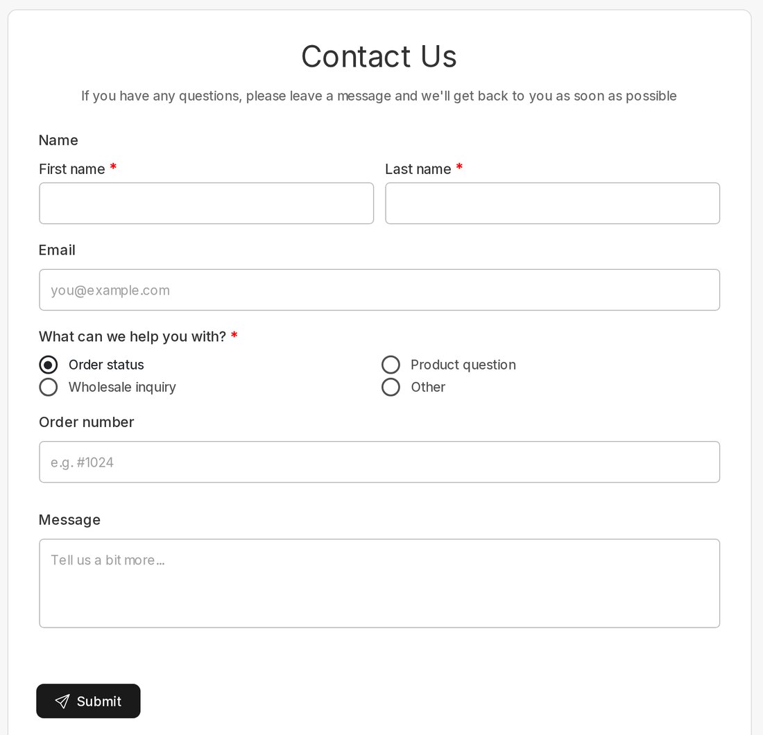 Form preview showing Order number after choosing Order status