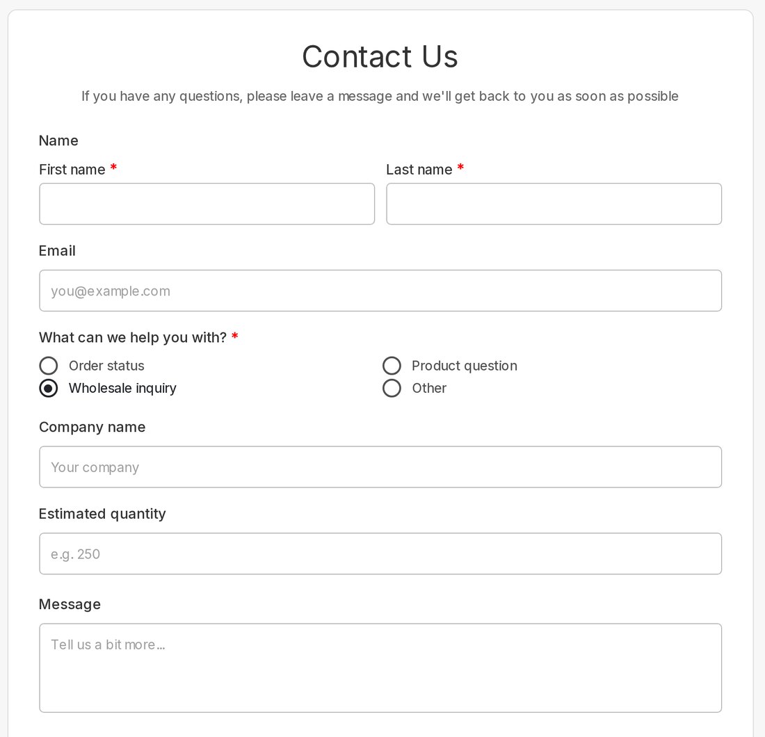 Form preview showing wholesale fields