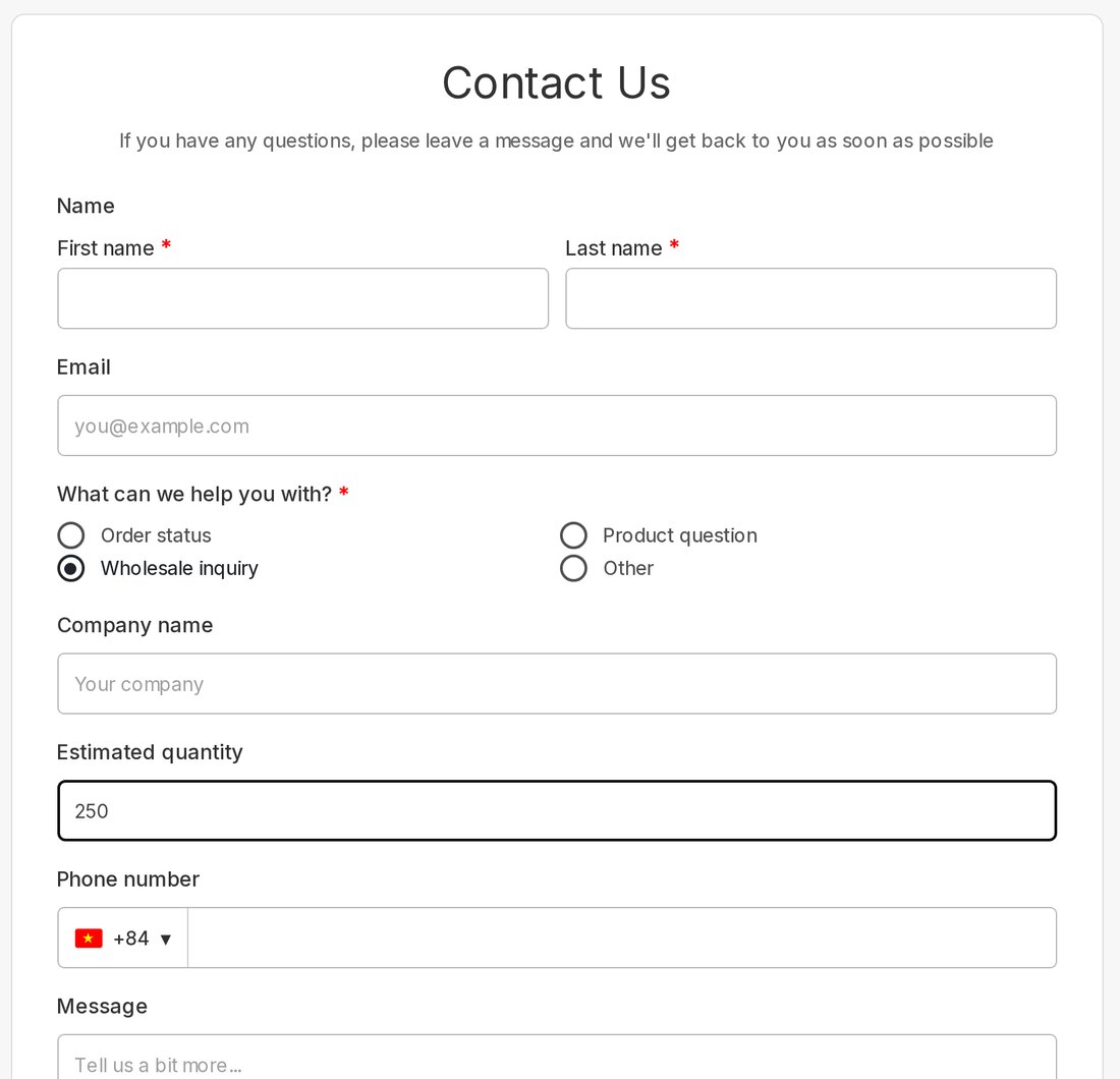 Form preview showing Phone number after entering quantity 250